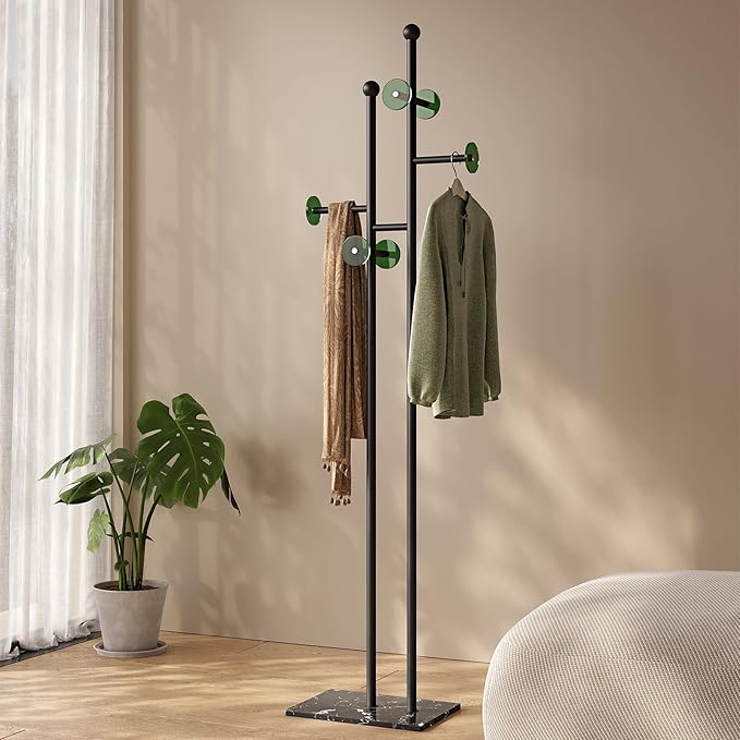 Standing Coat Rack with Marble Base & Round Acrylic Hooks Heavy Duty Clothes Hanger Rack Metal Coat Tree freestanding Hat Rack Stand for Clothes Hats Scarfs Purses