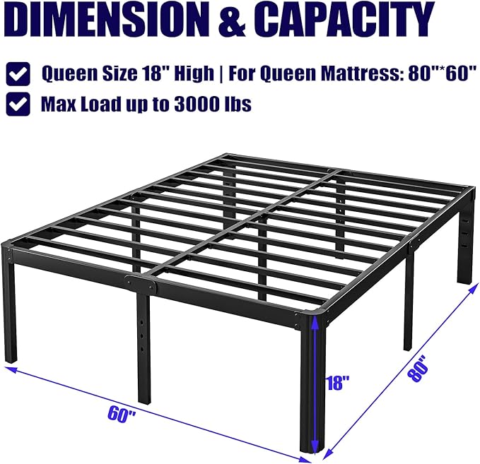 18in High Queen Bed Frame No Box Spring Needed, Heavy Duty Metal Platform Bed Frame Queen Size with Round Corners, Easy Assembly, Noise Free, Black