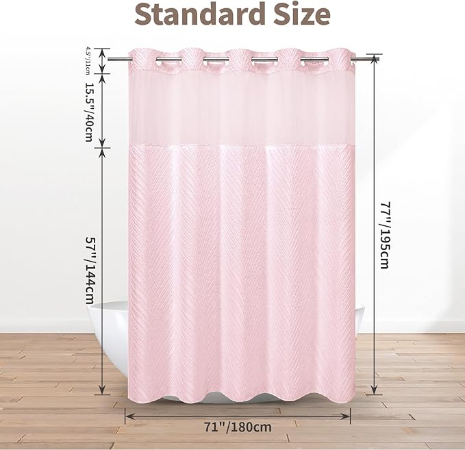 no Hook Shower Curtain and Liner Set，Boho Style with See Through Top Window, Pink Fabric Tufted Striped Textured Outer Curtain & Waterproof Inner Liner, Pink, 71Wx77H