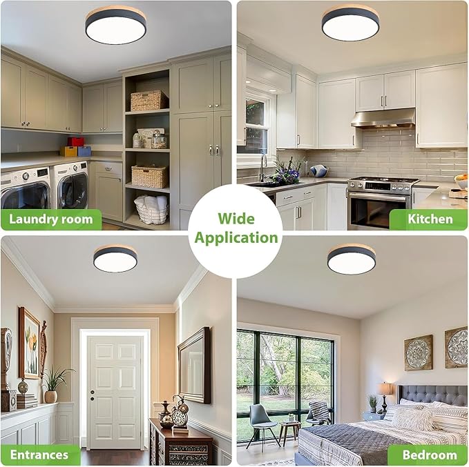Dimmable Wood LED Ceiling Lights, Modern 2700K-6000K 5CCT Round Grey Flush Mount Lighting Fixture, Minimalist Ceiling Lamp for Bedroom, Kitchen, Hallway, Laundry Room-11.8in