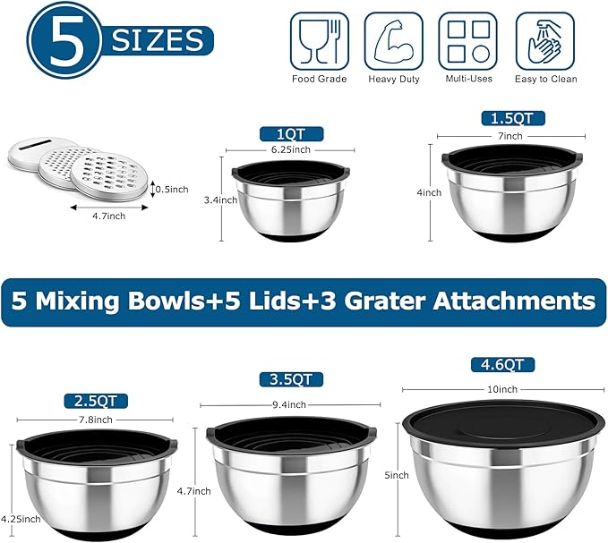 TeamFar Mixing Bowls Set of 5, Stainless Steel Nesting Salad Bowl with Lid & 3 Grater Attachments for Salad Mixing/Food Storage, Healthy, Airtight Lid & Non-slip Bottom - 4.6/3.5/2.5/1.5/1 QT