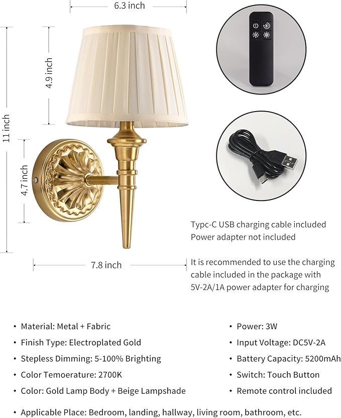 KDG Cordless Wall Sconces Set of 2, Small Wireless 5200mAh Rechargeable Battery Fabric LED Wall Lamps, Portables Lightings for Wall Painting, Living Room, Bedroom, Hallway, Gifts, Night Light (Gold)
