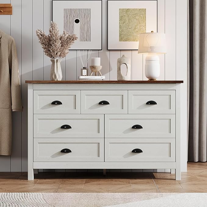 Farmhouse White Dresser for Bedroom, Wide Wood Dressers & Chests of Drawers with Vintage Black Handle, 7 Drawer Dresser for Bedroom Hallway, Entryway, Antique White