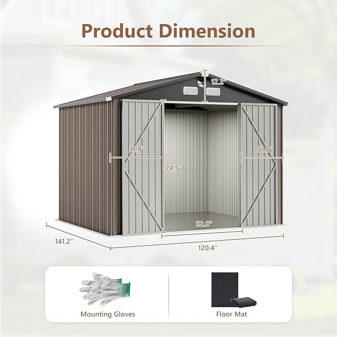 10x12 FT Outdoor Storage Shed,Metal Tool Sheds,Waterproof Outside Storage Shed with Lockable Doors & Air Vent,Storage Building for Backyard Garden (Floor Not Included)