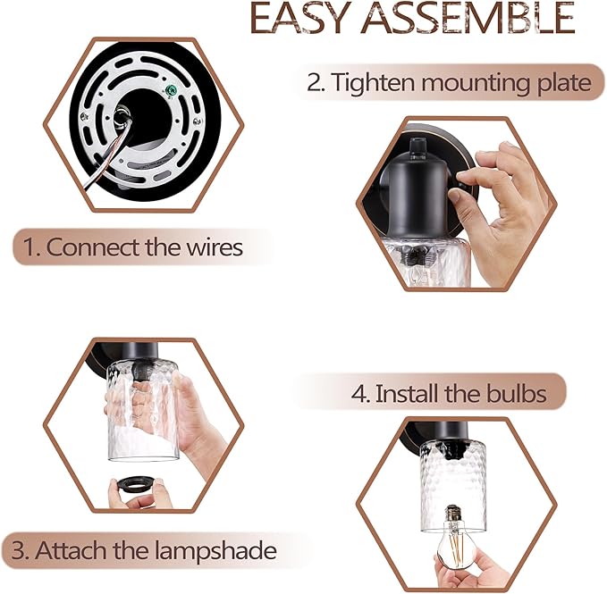 Wall Sconces Set of 2 - Matte Black Vanity Lights for Bathroom Modern Wall Light Fixtures with Rotary Switch - Wall Mount Light with Hammered Glass,Farmhouse Wall Lamp for Bedroom Mirror Living Room