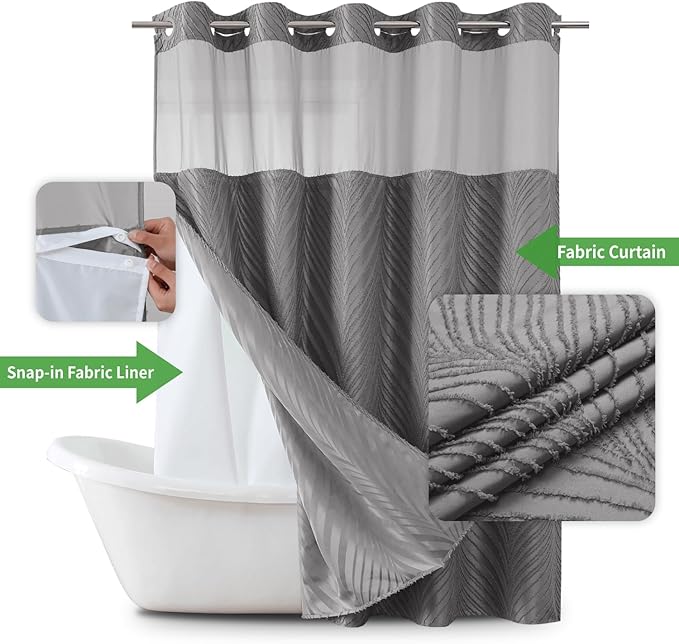 no Hook Shower Curtain and Liner Set，Boho Style with See Through Top Window, Grey Fabric Tufted Striped Textured Outer Curtain & Waterproof Inner Liner, Grey/Gray, 71Wx77H