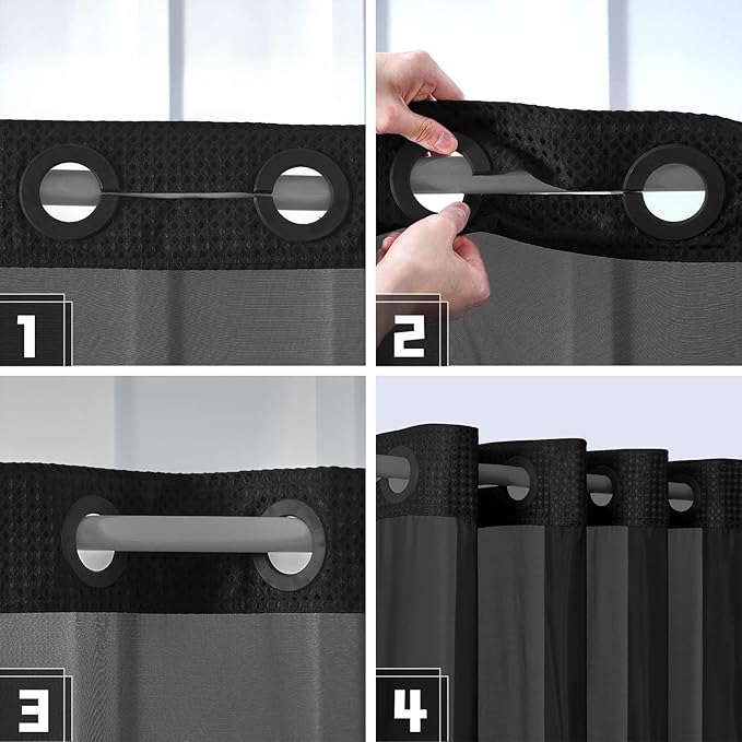 Black No Hook Double Shower Curtain Set with Snap in Liner,Heavy Duty Waffle Weave Textured Fabric Bathroom Curtains with See Through Window,Machine Washable & Waterproof,Hotel Qulity,71x72 Inch