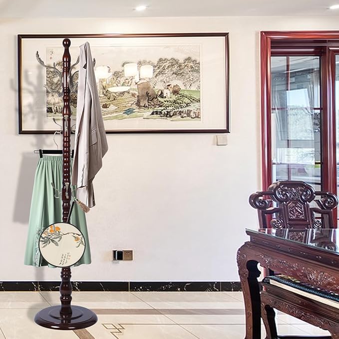 Coat Rack Freestanding, Wooden Tree Coat Rack Stand with 2 Adjustable Sizes Coat Tree and 14 Hooks, Sturdy Hall Tree with Solid Round Base for Entryway, Hallway, Bedroom (Reddish Brown-Metal Hook)