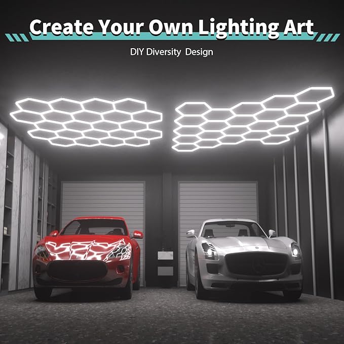Hexagon Garage Lights: 581W 84 Pack 22 Grids LED Garage Lights - Easy Install 6500K Super Bright Honeycomb Light for Warehouse, Car Detailing Shop, Exhibition Hall, Gym
