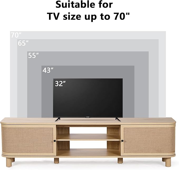 AVZEAR Curved Profile Farmhouse TV Stand for TVs Up to 70 Inches, Mid Century Modern Entertainment Center with Storage & Natural Linen Doors, Large Media Console for Living Room, Bedroom, Natural