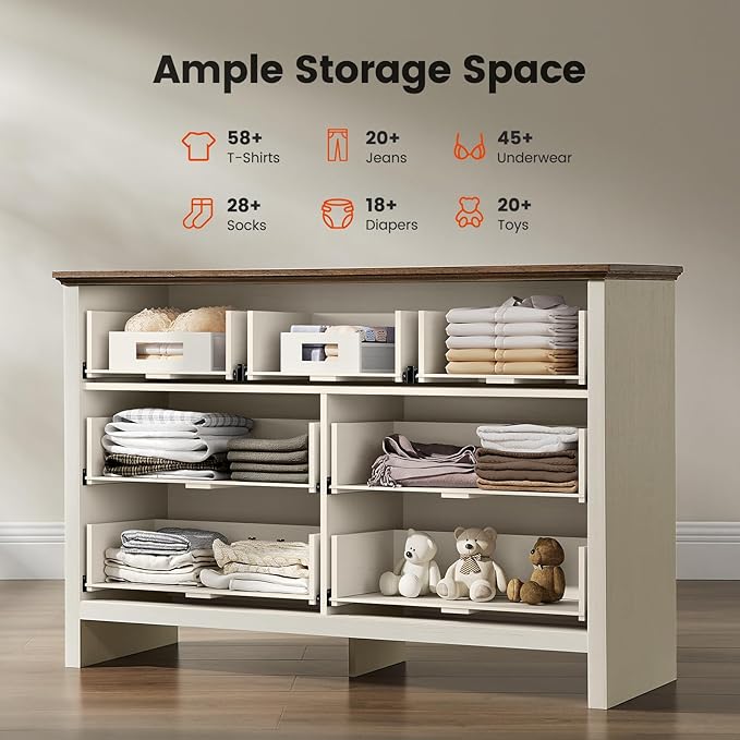 Amada Farmhouse 7 Drawer Dresser for Bedroom, 47.2 Inch Wide Wood Dresser with Natural Texture, Large Drawers, Rustic Farmhouse Chest of Drawers for Bedroom, Living Room, Hallway, Brown & White