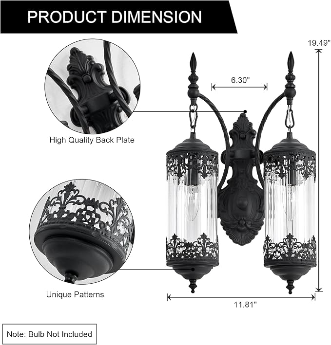 Rustic Glass Wall Sconce Vintage 2-Lights Antique Gothic Wall Light Fixture Retro Farmhouse Mid Centry Lantern Wall Sconce for Bedroom, Living Room, Mirror, Black, E12