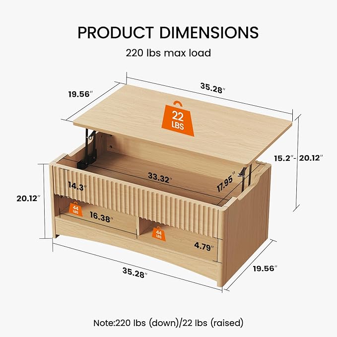 Amada Coffee Table Fluted Lift Top, 35.2" Wood Table with Storage Shelf & Hidden Compartment, Modern Rectangle Center Table for Living Room, Sturdy & Multi-Functional, Holds Up to 220LBS, Natural Oak