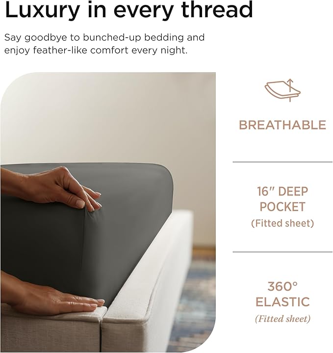 Threadmill Luxury 800 Thread Count 100% Cotton Sheets - Sateen Weave Twin XL Bed-Sheets, Better Than Egyptian Cotton,3 Pc Solid Soft Bedding Set (Dark Grey), Fits 15" Deep Pocket