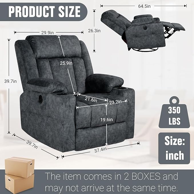 LEVELEVE Retro Rocking Recliner Chair, Massage Rocker Recliner Chair with Vibration Massage and Heat, USB and Type-C Ports,360° Swivel Chairs,Living Room, Bedroom, Nursery, RV, Dark Grey