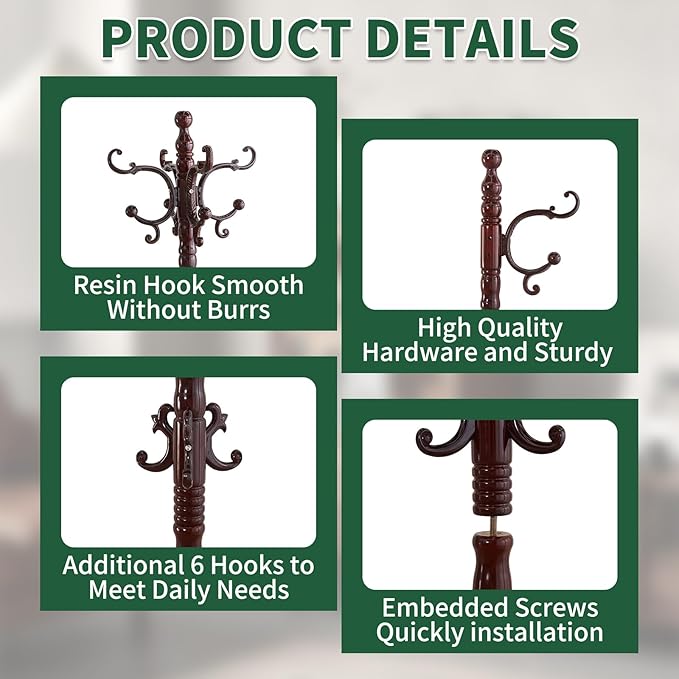 Wooden Coat Rack Stand, Vintage Wood Coat Rack Freestanding with Sturdy Triangle Base, Classic Coat Racks with 14 Hooks, Natural Birch Wood Coat Tree Hanger Stand for Entryway,Office