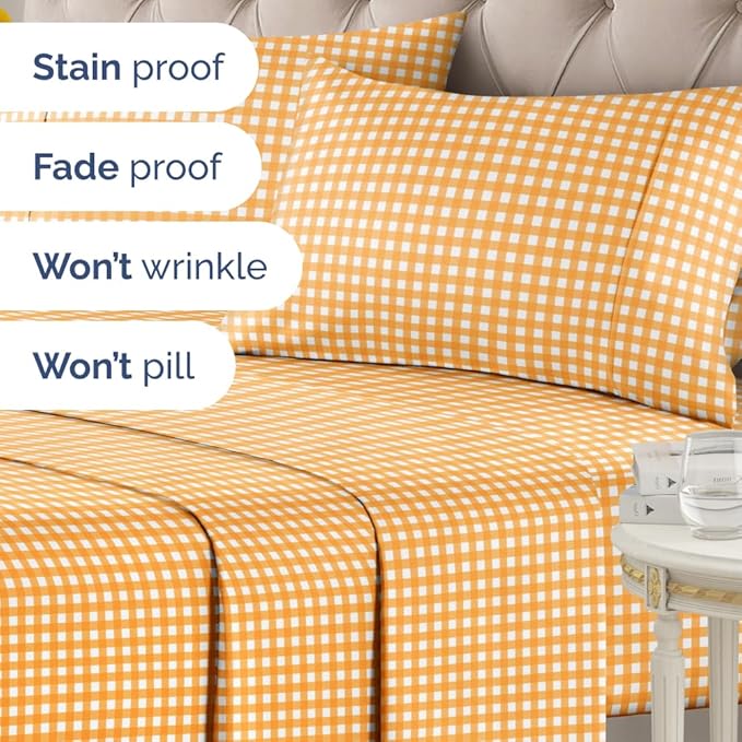 Yellow Gingham Sheets - 1 Flat & 1 Fitted Sheet & 2 Pillowcases w/ Deep Pockets - Grid, Plaid, Checkered Pattern Bed Set - Comfy, Wrinkle & Fade Free - Ultra-Soft, Breathable and Cooling - Queen Size