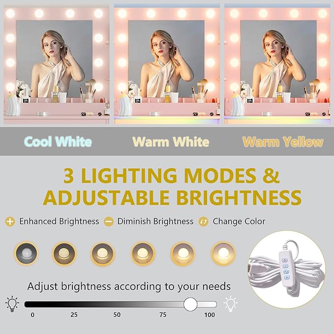 Vanity Desk with Mirror and Lights, 43'' Pink Makeup Dressing Table Set with 5 Drawers & Chair, Power Outlet, 3 Lighting Modes Adjustable Brightness & RGB LED for Women Girls Bedroom Bathroom