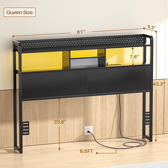 Unikito Headboard for Queen Size Bed with Storage Shelf, Head Board with 3 Outlets and 2 USB Ports, Headboards with RGB LED Light, Height Adjustable, Sturdy and Stable, Easy Assembly, Black