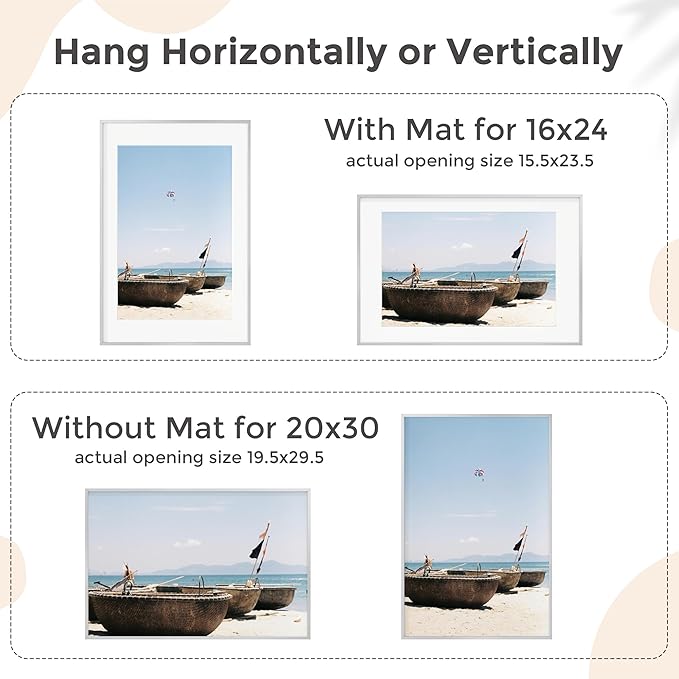 20x30 Metal Picture Frame for Wall With Mat for 16x24, 20''x30'' Aluminum Photo Frames With Tempered Glass for Home Decor, Minimalist Modern Poster Frame Horizontal And Vertical Formats, Silver