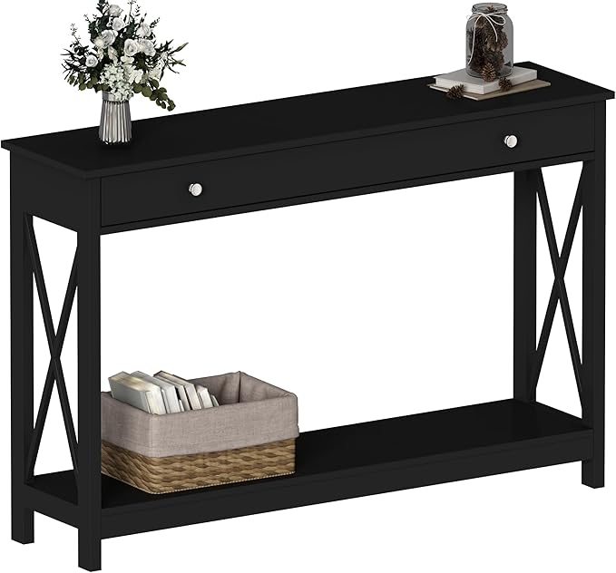 Treocho 47" Farmhouse Console Table with Drawer and Storage Shelves, Foyer Sofa Table Narrow for Entryway, Living Room, Hallway, Black