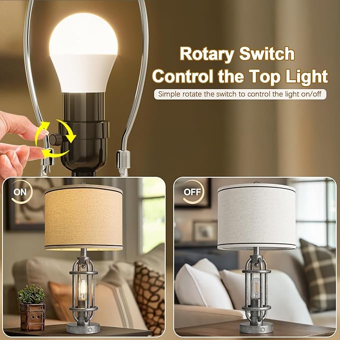 23.75'' Table Lamps Set of 2 for Living Room Bedroom Industrial Farmhouse Metal Touch Lamps with USB A+C Ports, Night Light Vintage Nightstand Bedside Lamp, Bulbs Included, Antique Silver