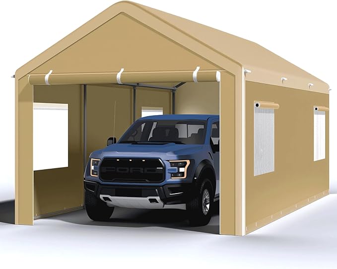 Carport 10x20 Ft, Heavy Duty Car Canopy with Reinforced Ground Bar, Portable Garage with Roll-up Windows and Removable Sidewalls, Galvanized Car Shelter, Large Outdoor Carports (Yellow)