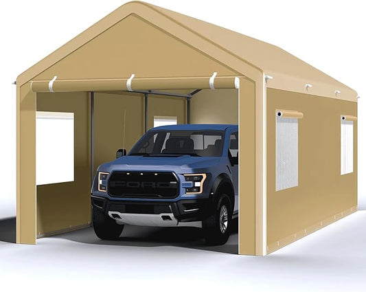 Carport 10x20 Ft, Heavy Duty Car Canopy with Reinforced Ground Bar, Portable Garage with Roll-up Windows and Removable Sidewalls, Galvanized Car Shelter, Large Outdoor Carports (Yellow)
