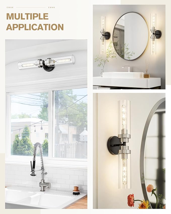 Emak 22 Inch Black and Brushed Nickel Vanity Lights for Mirror, Modern Bathroom Light Fixtures with Clear Glass Shade, 2-Light Wall Sconce Light for Bathroom, Bedroom, Hallway, VL085-BKBN-2