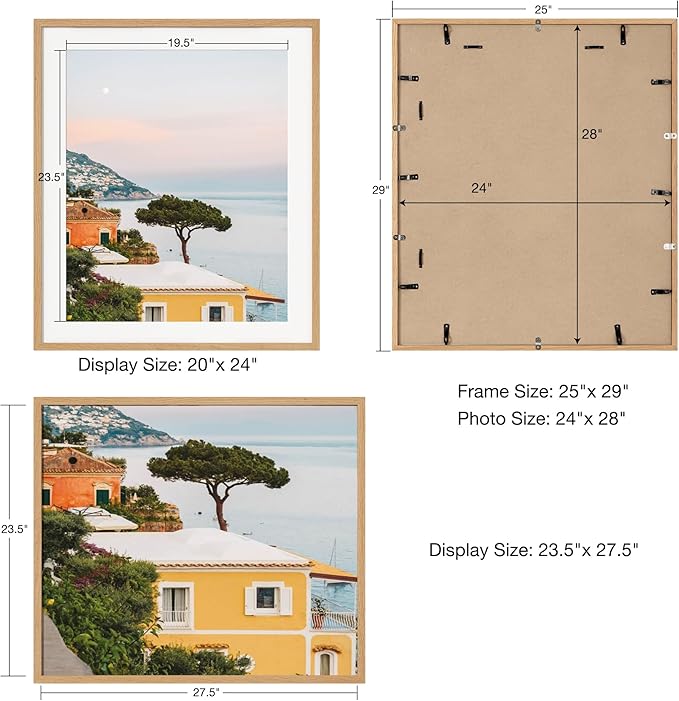 Axeman 24x28 Solid Oak Wood Frame With Mat for 20x24 | Tempered Glass and Hanging Hardware Included Natural Home Wall Decor Art Hanging Frame