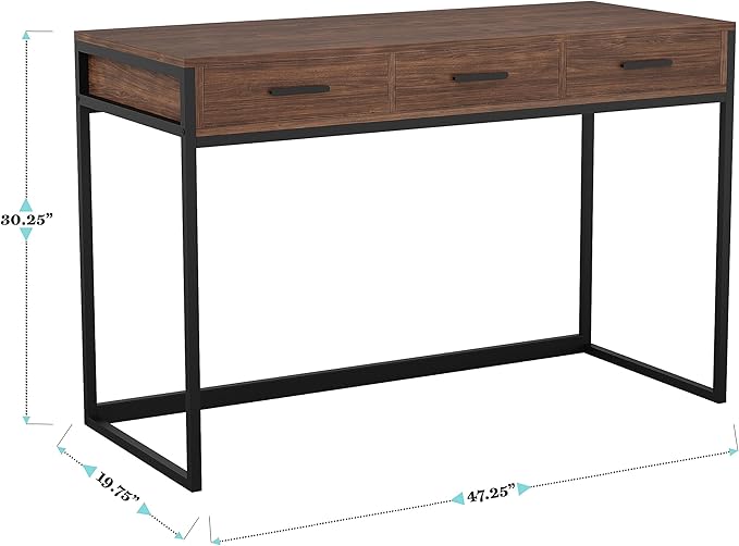 Martha Stewart Ollie Home Office Desk with 3 Drawers in Walnut Wood Grain with Oil Rubbed Bronze Hardware