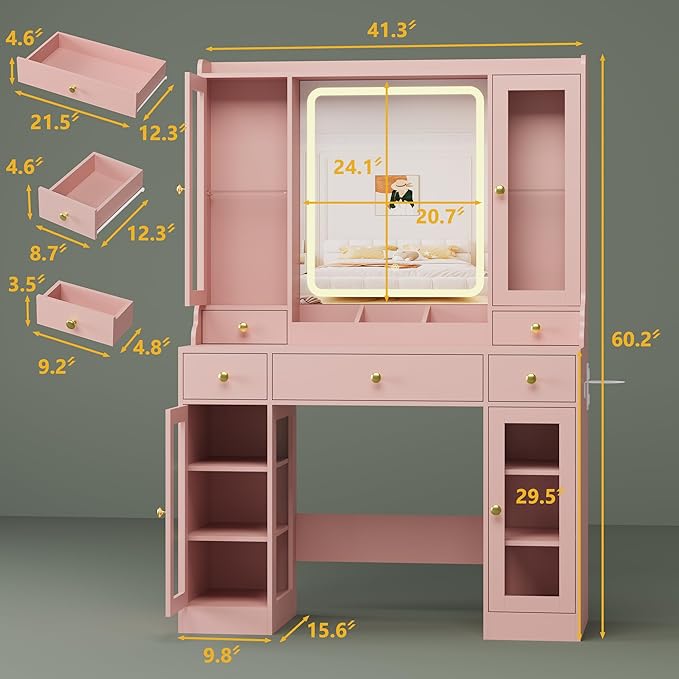 Vanity Desk with Mirror and Lights, Pink Makeup Vanity Table with 3 Modes & Adjustable Brightness, Glass Cabinets, Drawers, Outlet, Modern Dressing Table for Bedroom, Girls, Women, Teens