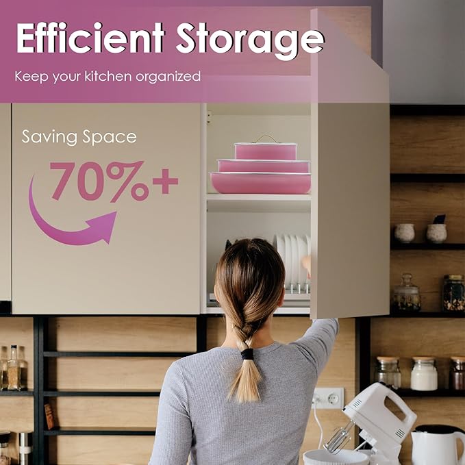 20pcs Ceramic Cookware Set Nonstick, Detachable Handle Pots and Pans Set, Non Toxic,No PFAS & PTFE & PFOA, Dishwasher/Oven Safe, RV Kitchen Set Removable Handle for Cooking, Pink