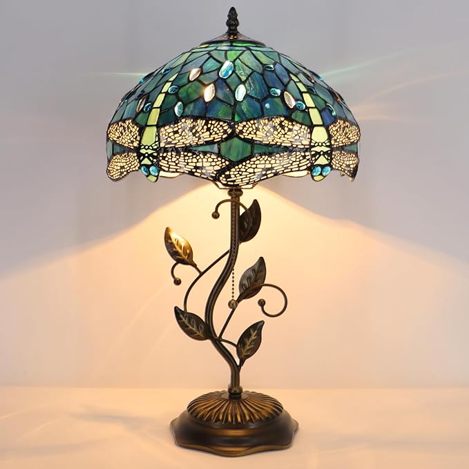 Tiffany Table Lamp, Stained Glass Desk Light, W12H19 Inch, Metal Leaf Base (Dragonfly Style)