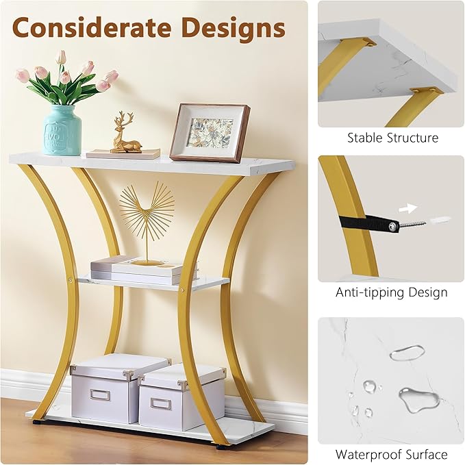 Hoctieon 3 Tier Console Table with Open Wood Shelves, Decorative Entryway Table with Curved Metal Frames, Narrow Sofa Table for Entrance, Living Room, Hallway, Gold and White Marbled