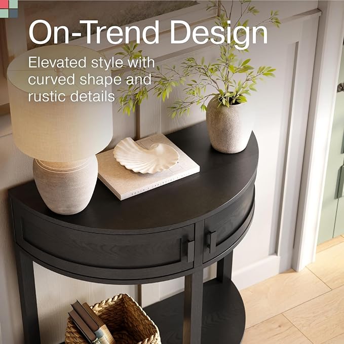 Farmhouse Half Moon Console Table - Blackened Oak Rustic Wood - Narrow Console Table with Storage & Black Knobs - Hallway, Entryway & Living Room Furniture - Entryway Furniture - Hallway Decor