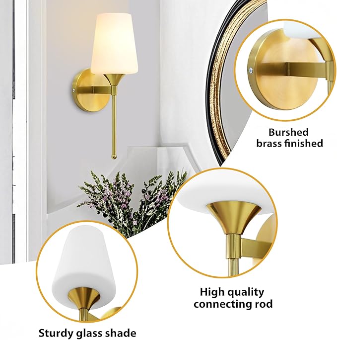Wall Sconce Set of 2 Brushed Brass Glass Bathroom Vanity Light Fixtures Shade for Bedroom Living Room Hallway (1T 2Pack)