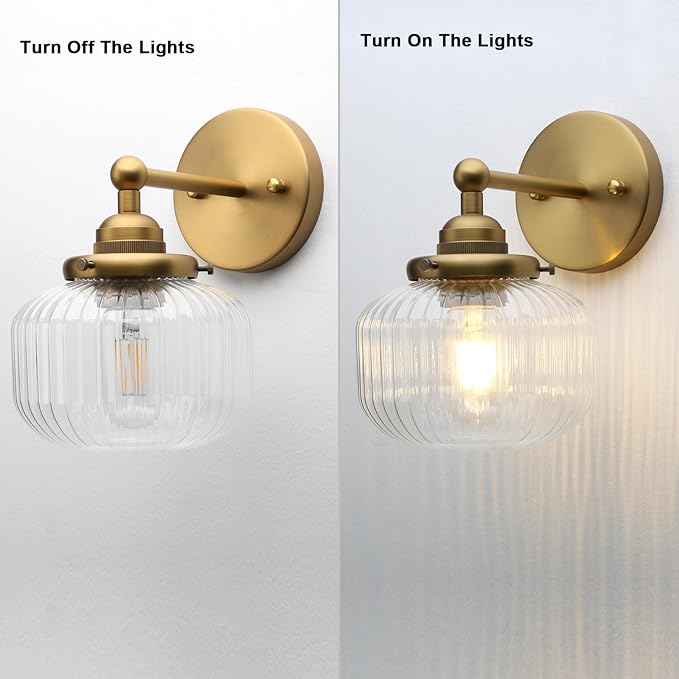 Yosoan Brass 1-Light Indoor Modern Wall Sconce, Vanity Boho Modern Gold Single Vintage Industrial Wall Mount Fixture with Striped Glass Shade for Bathroom Kitchen Mirror Bedroom Dinning Room(Antique)