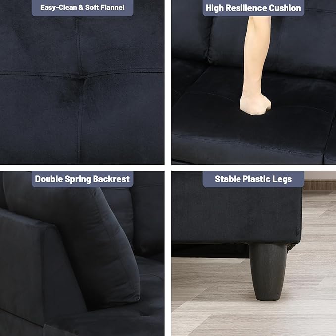 L-Shape 3-Piece Cloud Sofa, Couch for Living Room, BlackFlannel Fabric L-Shape with Reversible Chaise & Storage Ottoman, Ergonomic 110–115° Recline, Solid-Wood Frame