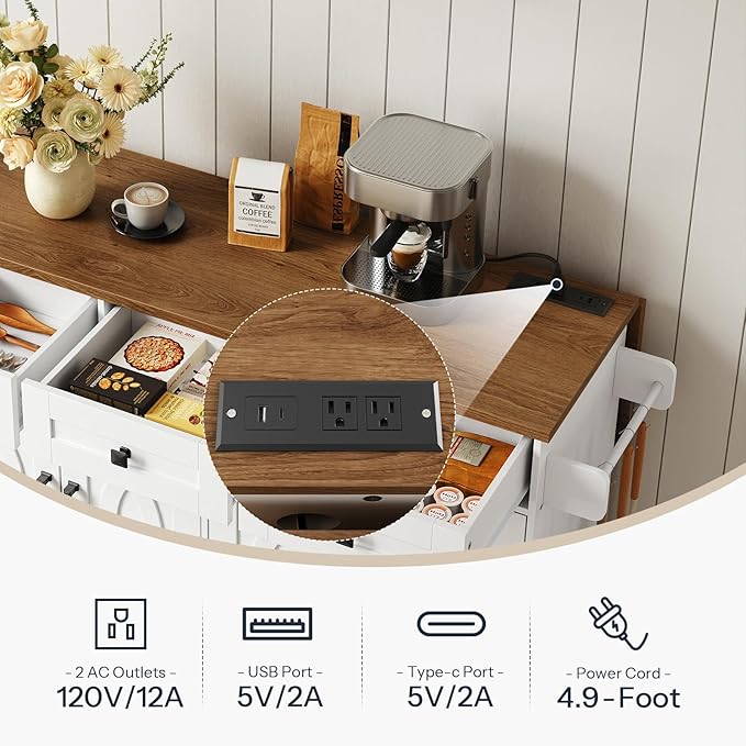 HOOBRO Kitchen Island with Drop Leaf, Rolling Kitchen Island with Storage and Power Outlet, Kitchen Cart with 3 Drawers and Adjustable Shelves, Towel and Spice Rack, for Dining Room, White and Walnut