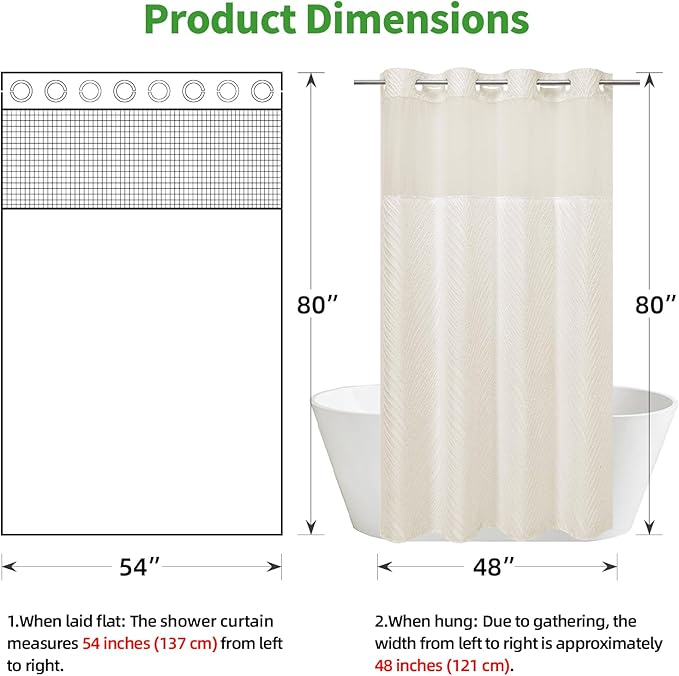 stall no Hook Tufted Shower Curtain with snap in Liner Set, White Waterproof Fabric Inner Liner,Boho Style Shower Curtain with See Through top Window, Cream, 54Wx80H