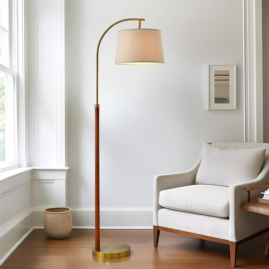 62.5" Wood Floor Lamp for Living Room Gold with Foot Switch Arc Standing Tall Lamps for Bedroom Mid Century Modern Corner Floor Lamps for Office Nursery Industrial Reading Light Room Lamp