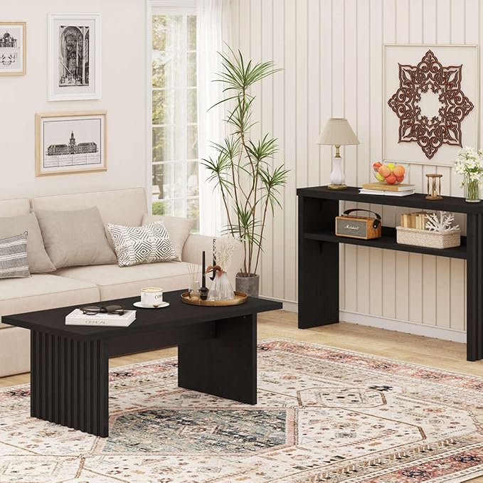 BON AUGURE Black Coffee Table, Modern Coffee Tables for Living Room, Wooden Center Table, Living Room Tables for Home, Office (Black Oak, 43Inch)