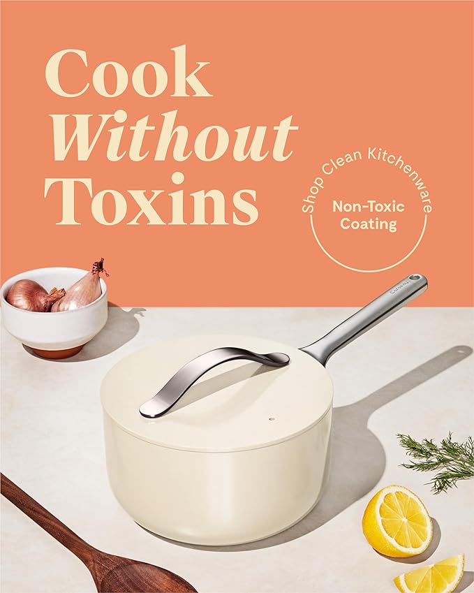 Caraway Nonstick Ceramic Sauce Pan with Lid (1.75 qt) - Non Toxic, PTFE & PFOA Free - Oven Safe & Compatible with All Stovetops (Gas, Electric & Induction) - Perracotta