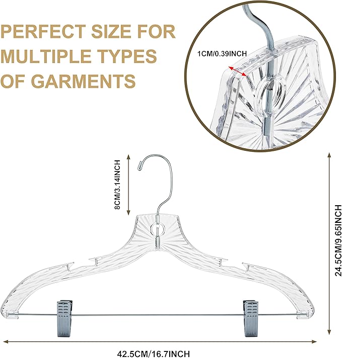 Quality Clear Plastic Skirt Hangers - 12 Pack Crystal Cut for Skirt, Pant, Dress, Suit, Coat Hangers Heavy Duty & Nonslip Design Asujtable Clips, Swival Hook, 17" inch (12, Crystal Skirt)
