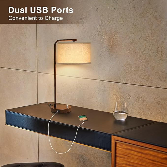 Vintage Table Lamp, Fully Dimmable Table Lamp with C+A USB Charging Ports, Farmhouse Bedside Lamp Nightstand Light, Tall Reading Desk Lamp for Living Room, Bedroom, Office, 9W LED Bulb Included