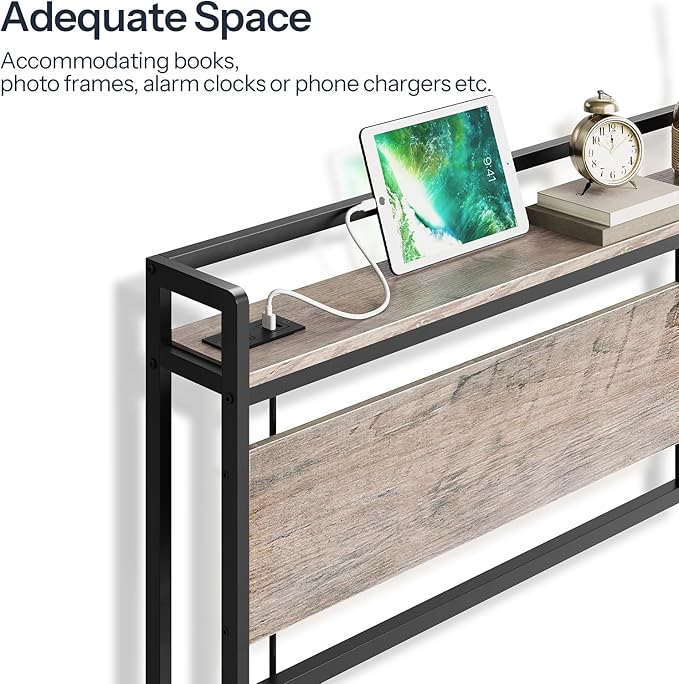 HOOBRO Full Size Headboard, Headboard with 2 Outlets and 4 USB Ports, Adjustable Height, Storage Rack, Sturdy and Stable, Easy Assembly, Greige and Black