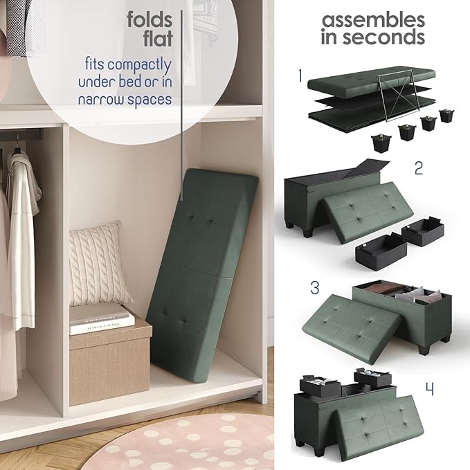 STORAGEBUD Storage Ottoman Bench with Bins, 30-in Storage Bench for Bedroom End of Bed, Folding Foot Rest Ottoman for Living Room Max 660lbs, Faux Leather Ottomans, Green