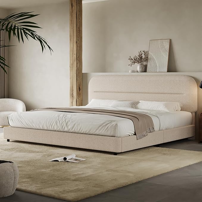 King Size Boucle Bed Frame, Upholstered Cloud Bed Frame with Headboard, Soft Platform Bed Frame with Thickened Footboard, Rounded Corners, No Box Spring Required, Easy Assembly, Beige