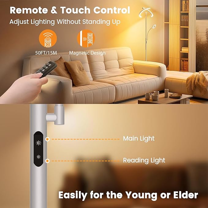 2-in-1 Dimmable Floor Lamp with Reading Light - Rotatable Standing Lamp with Remote&Touch Control, Stepless Color Brightness Adustable, Modern Lamp for Living Room Bedroom Office, Silver